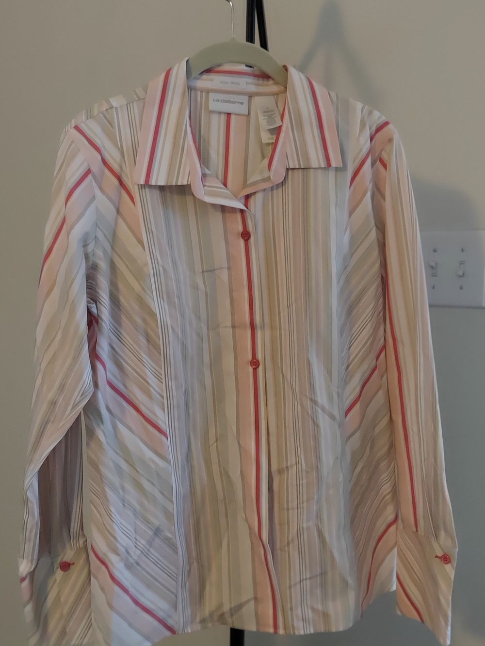 Liz Claiborne Cream, Pink and Beige Striped Button-Up Shirt